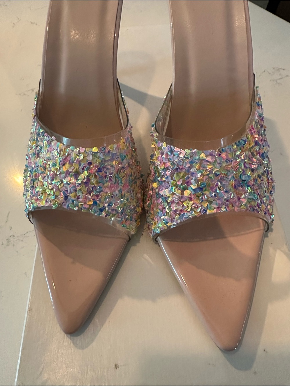 Iridescent Sequin Nude Pointed Toe Women’s Heels